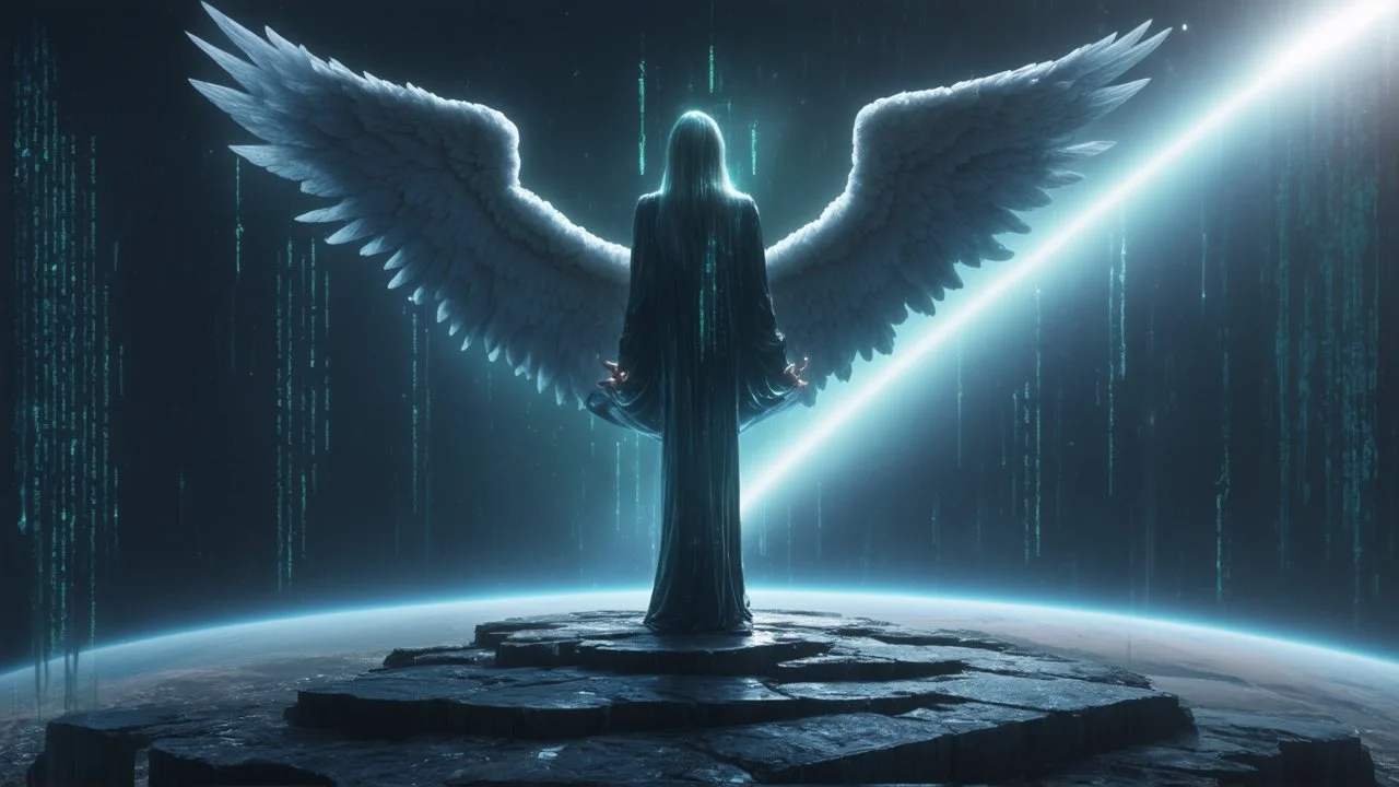 matrix codes and the back ground of the angels with wings siting on the monolith made of tiberium crystals of lights, matrix universe, space, planets