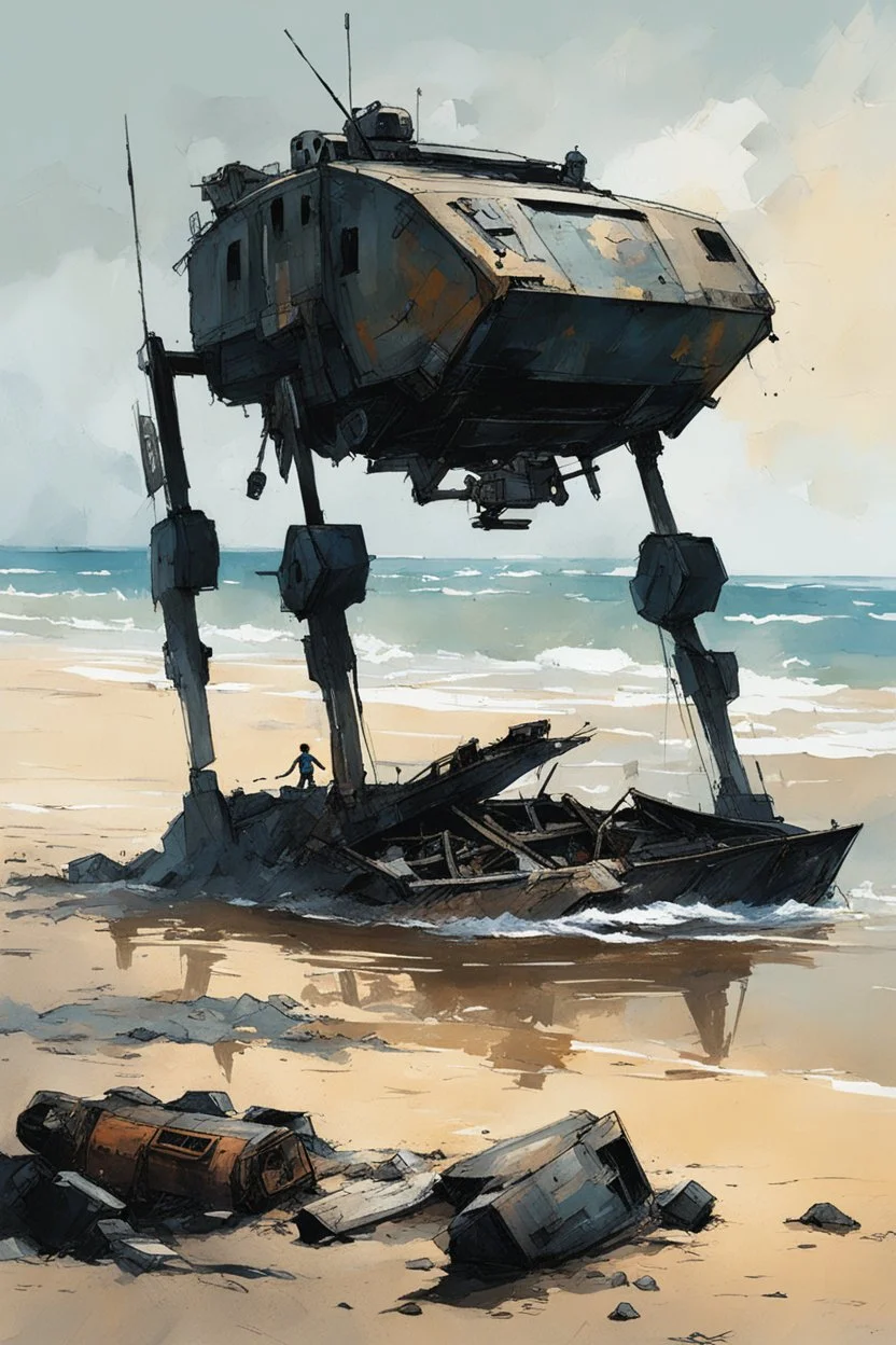 [Alex Maleev] Abandoned war robot wreckage on the beach, kids are approaching it from the beach in a small barque