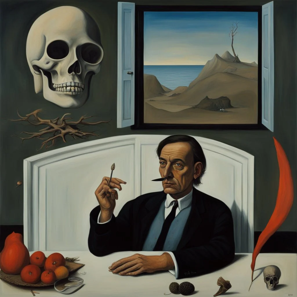 cover art surrealist painting called 'today I am thinking about death by dali and picasso and magritte and Breughel