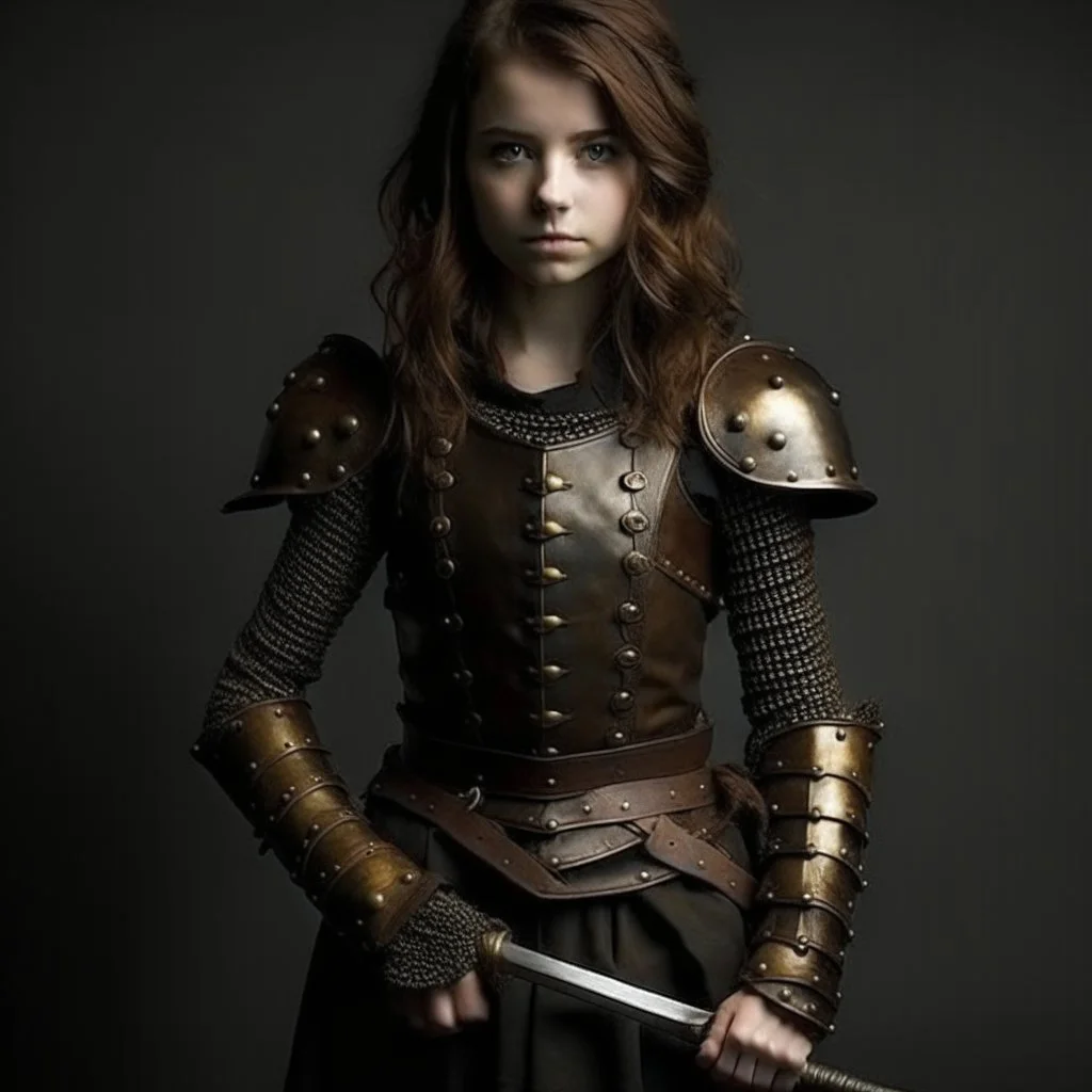 pretty girl, age 25, brown hair, black skin, european, armour, full-body