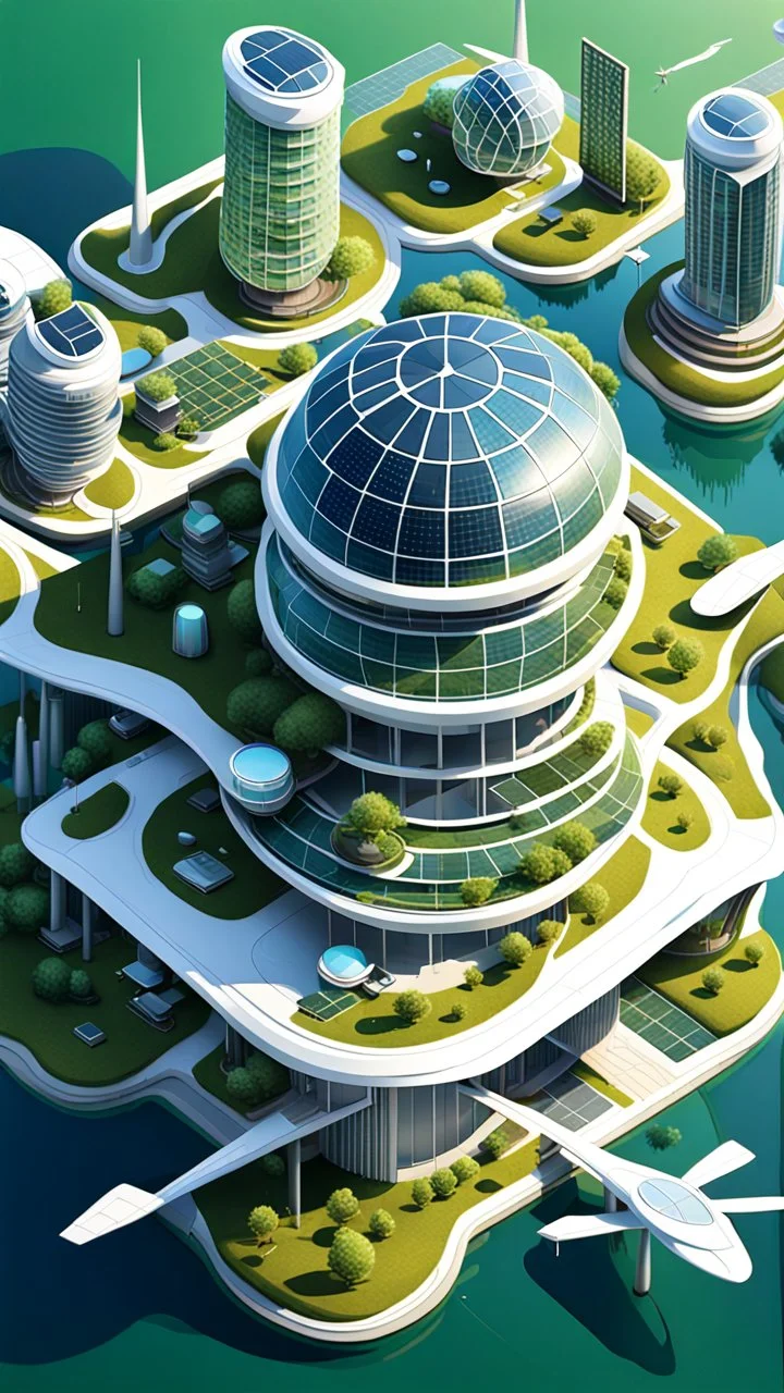 Create an isometric illustration of the future sci fi floating city of Solglans, depicting it as a futuristic and sustainable urban environment. Show buildings with vertical solar panels on their rooftops, innovative wind turbines scattered throughout the cityscape, and green spaces integrated seamlessly into the urban fabric. Emphasize the use of advanced technology, such as smart grids and wireless communication networks, to convey the city's commitment to innovation and sustainability.