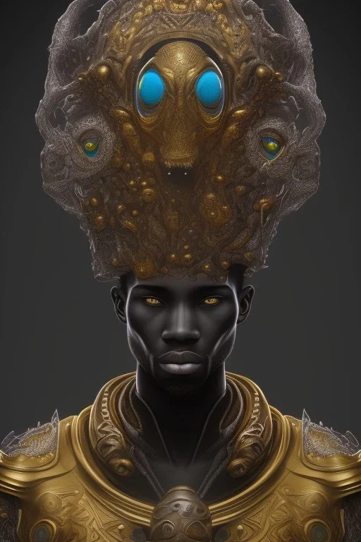 black male African alien, cracks in the head, wicked, Asian eyes, crown, blood, 8k, finely detailed, photo realistic, Boris Vallejo style turquoise skull head gold dragon space alien rain skeleton gold tooth silver helmet silver space suit spaceships