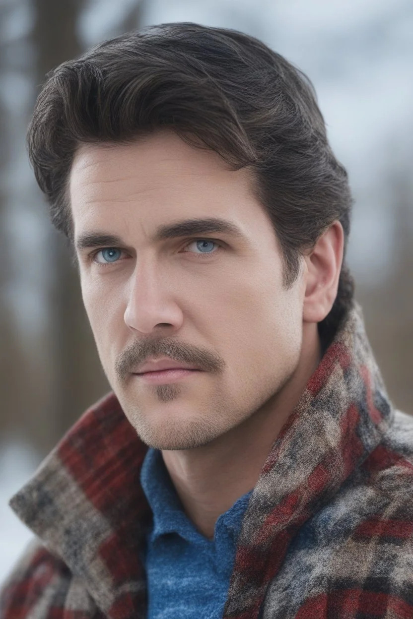 Blue eyes, close-up facial portrait - a Bright, well-lit UHD, 1080p 32k, photograph - winter time, hunting season, part Jesus Christ, part Elvis Presley with a mustache and short crew-cut hair, part Lee Majors, Part red and black checkered wool coat, blue jeans, cowboy boots, plaid shirt, sunbursts, crosses, 3D lighting, diamonds, hearts, Butterflies, Clovers, Roses, extremely colorful,