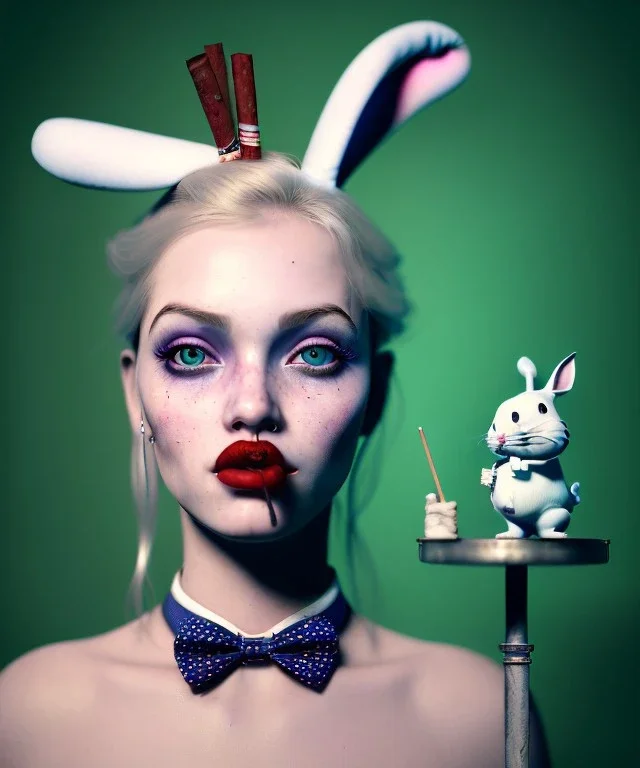 Ultra realistic portrait, wonderland party club, wide-angle lens, couple, cinematic, happy blonde woman smoking a pipe, accompanied by elegant anthropomorphic white rabbit, circus dress style, old school tattoo, laughter, smoke, marijuana and mushrooms background, glow eyes, perfect iris, soft color, highly detailed, unreal engine 5, ray tracing, RTX, lumen lighting, ultra detail, volumetric lighting, high definition.