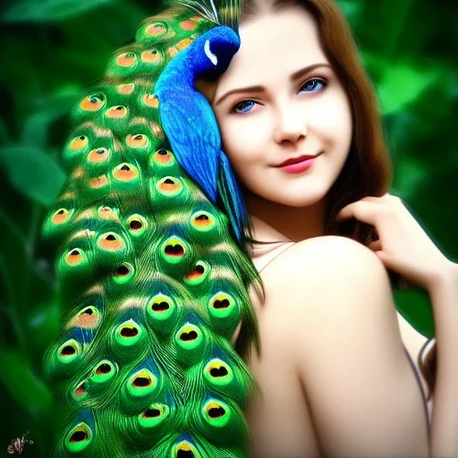 sourceress girl, beautiful, cute, intricate plants in the hair, blue bird fly, peacock skin, misterious smile, like an elf, tiled, sun ray, high definition, cinematic, rendering