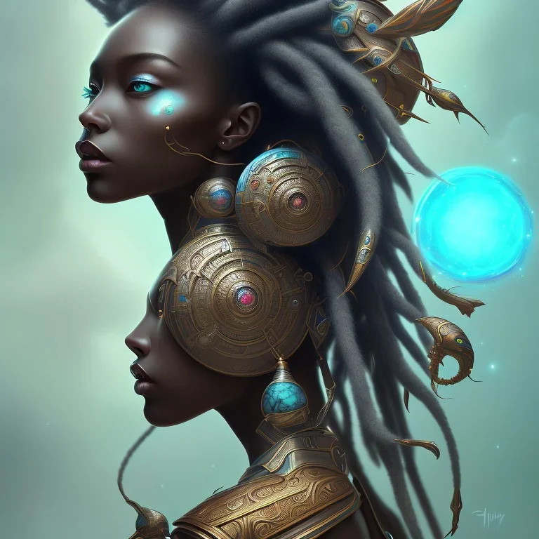 sango fantasy, fantasy magic, intricate, sharp focus, illustration, highly detailed, digital painting, concept art, matte, masterpiece head sexy view black African beauty black afro hair space lady turquoise carp skin African one head space journey spaceship explosion