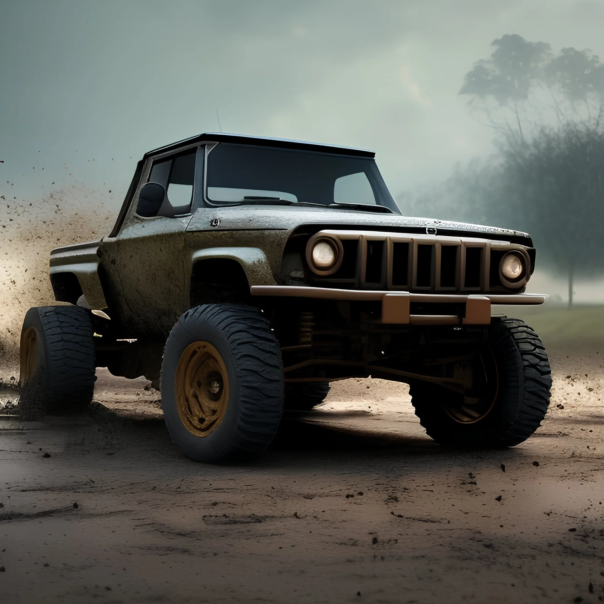 hyperrealistic cinematic shot, muddy military toy truck, battle damage, extreme closeup shot, monotone color palette, sharp focus, puddle reflection, tire water splash, refraction, mist on the horizon, shadowcast, detailed and intricate, cinematic composition, micro, tilt shift photography