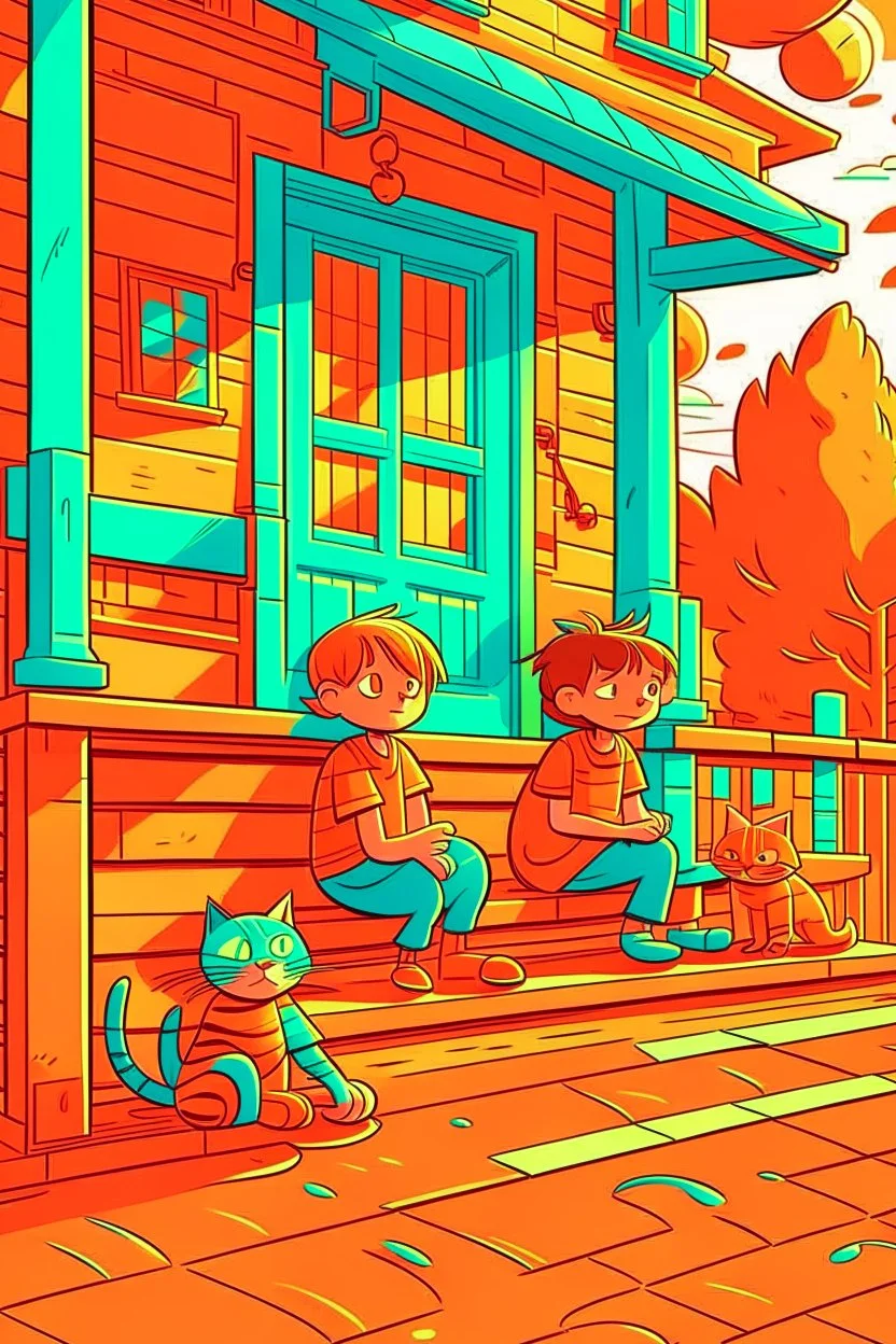 kids illustration, Cats on the porch, cartoon style, thick lines, low detail, vivid color