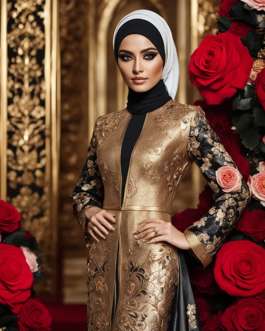 Luxury potrait of a beautiful super model hijab beauty makeup cosmetic,she wearing islamic a luxurious details pattern color gold and black casual jacket with designed large flower details that resemble roses.The dress has an asymmetrical design with one sleeve and a flowing skirt.background of the image shows a red carpet event with floral decorations,close-up portrait