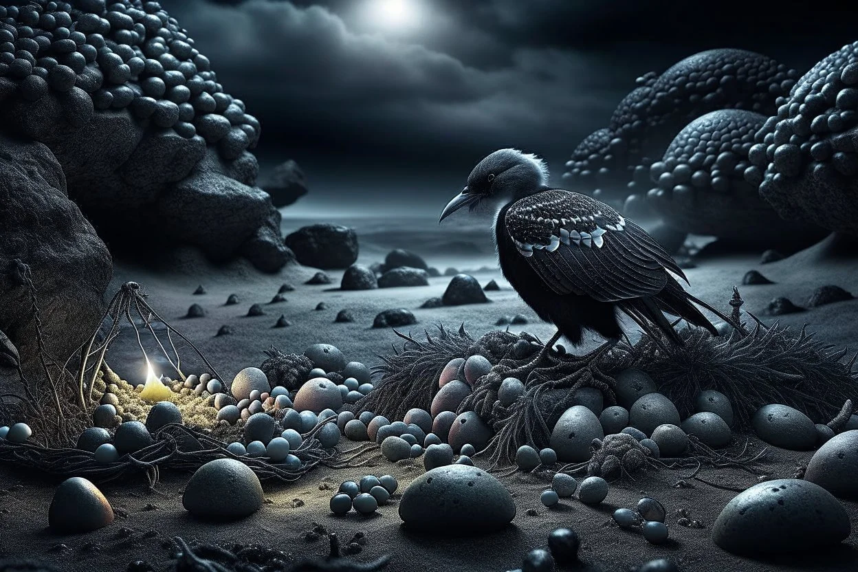 dark fantasy land with mystic, fog, deep cloros, burning landscape with mist, dark fantasy plants, silver and onix crystal eggs lying in sand, pale lights, rocks, weird surreal big dark rabbit-bird mutants, dark fantasy mood, sureal, high quality, high contrast, cinematic, atmospheric, weird mood