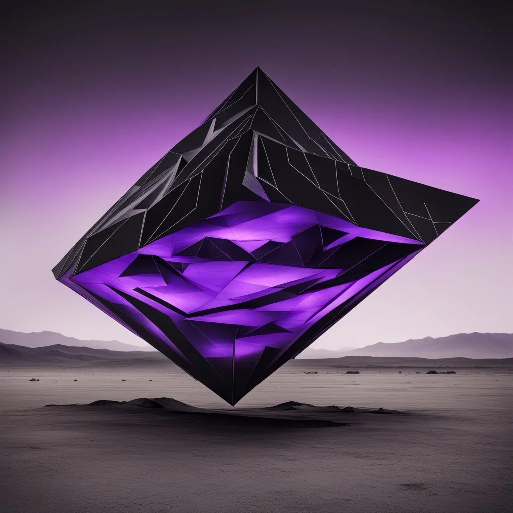 a large dark black rhombus structure with a neon purple outline floating over a desolate monochrome landscape