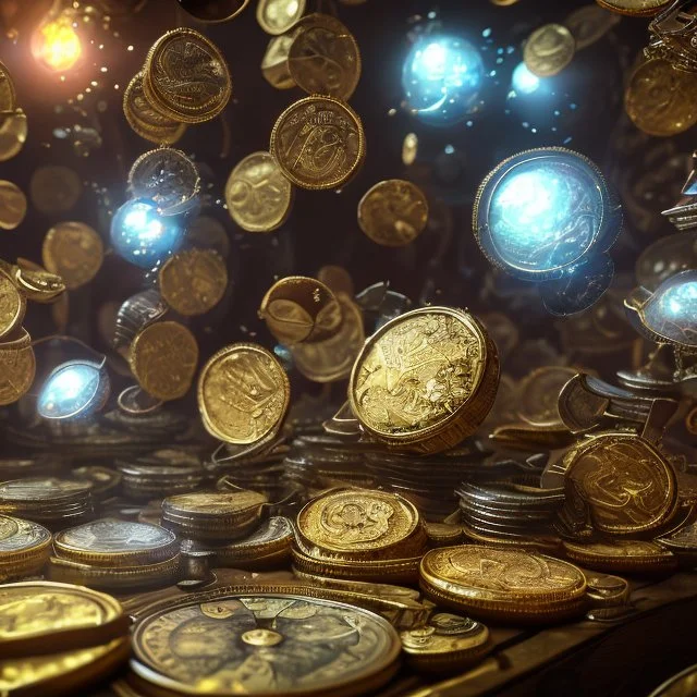 dynamic lighting, Intricately detailed, Splash screen art, deep color, Unreal Engine, volumetric lighting, silver coins, gold coins, silver treasure, stacked coins, indoors, altar, black table, sigil, shiny, steampunk, steam punk,