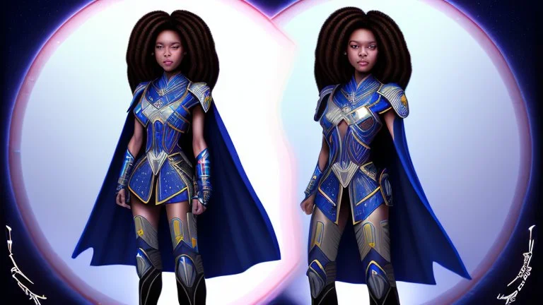 She's diminutive, with brown skin, short black dreadlocks hair. She has indigo blue eyes. She has a long blue cape over a white dress.