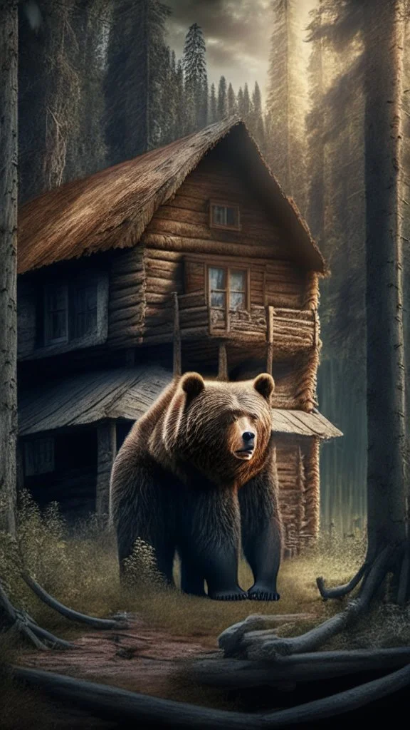 A cabin in the woods, a big brown bear, a movie scene, a more accurate picture hdr