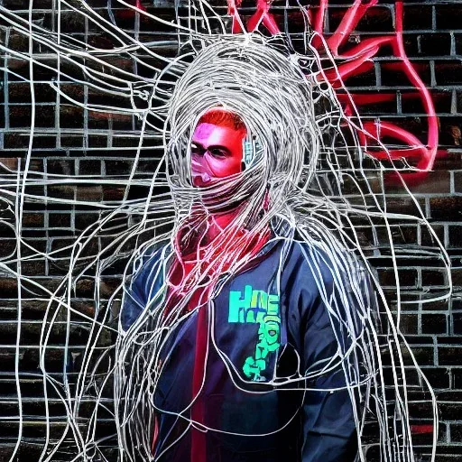 человек в дезинфекционном костюме запутанный в проводах, в стиле графити