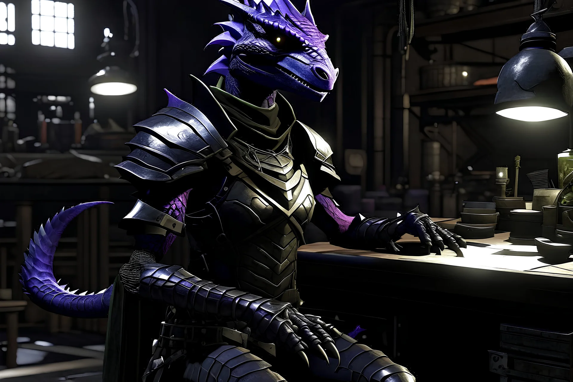 a black and purple, female argonian artificer who uses Tesla coils, skinny, lightly armored, sitting in her lab