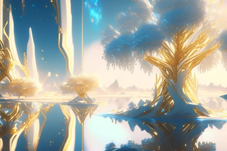 white and gold crystal cosmic and galactic ambiance sky trees river lake surreal scifi futuristic, full of details, smooth, bright sunshine，soft light atmosphere, light effect，vaporwave colorful, concept art, smooth, extremely sharp detail, finely tuned detail, ultra high definition, 8 k, unreal engine 5, ultra sharp focus