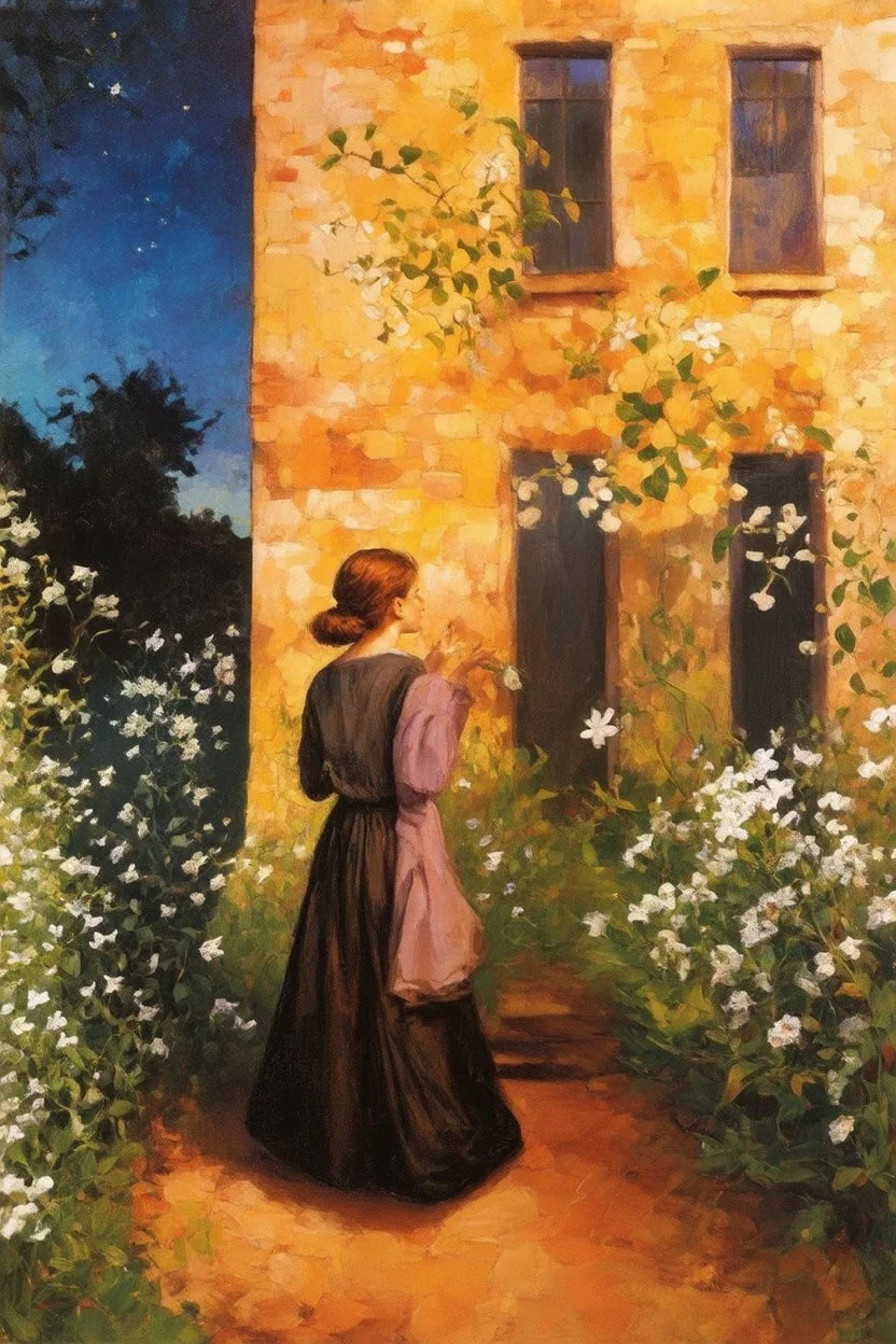 Night, vegetations, flowers, one woman, distant house, hans thoma, and george iness paintings