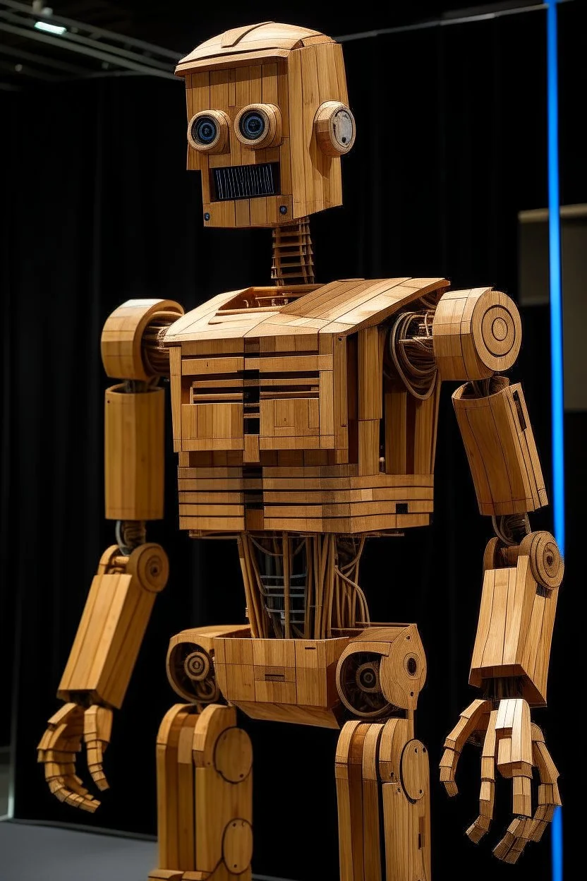 un robot humanoid entièrement construit en bois.