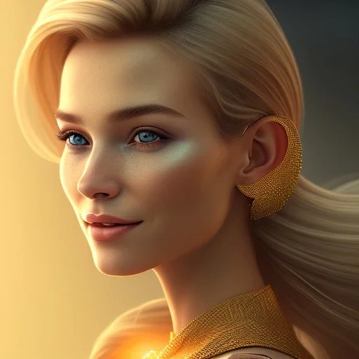 A portrait very beautiful woman ,smiling, longs blond hairs, elegant, atmospheric, realistic, cinematic lighting, 8k, galactic atmosphere,