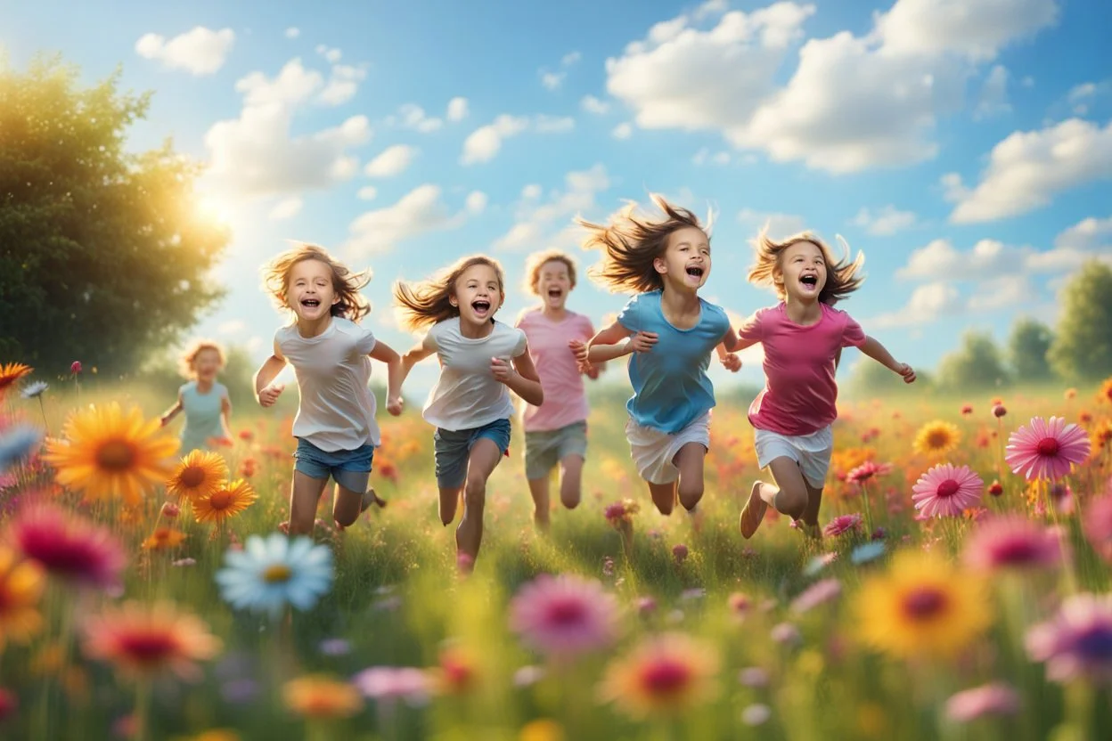 happy children run in the summer meadow, surrounding colors flowers, meadow, Happy and harmony vibe, blu sky and the little wind, high detailed, high realistic, sharp focuses, photorealistic, cinematic