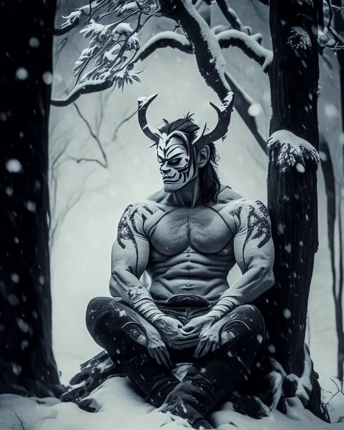 man sitting on a tree in a relaxed laid back style, middle of a snowy forest, muscular athletic physique, wearing a japanese Hannya demon mask over face, cinematic greyish filter