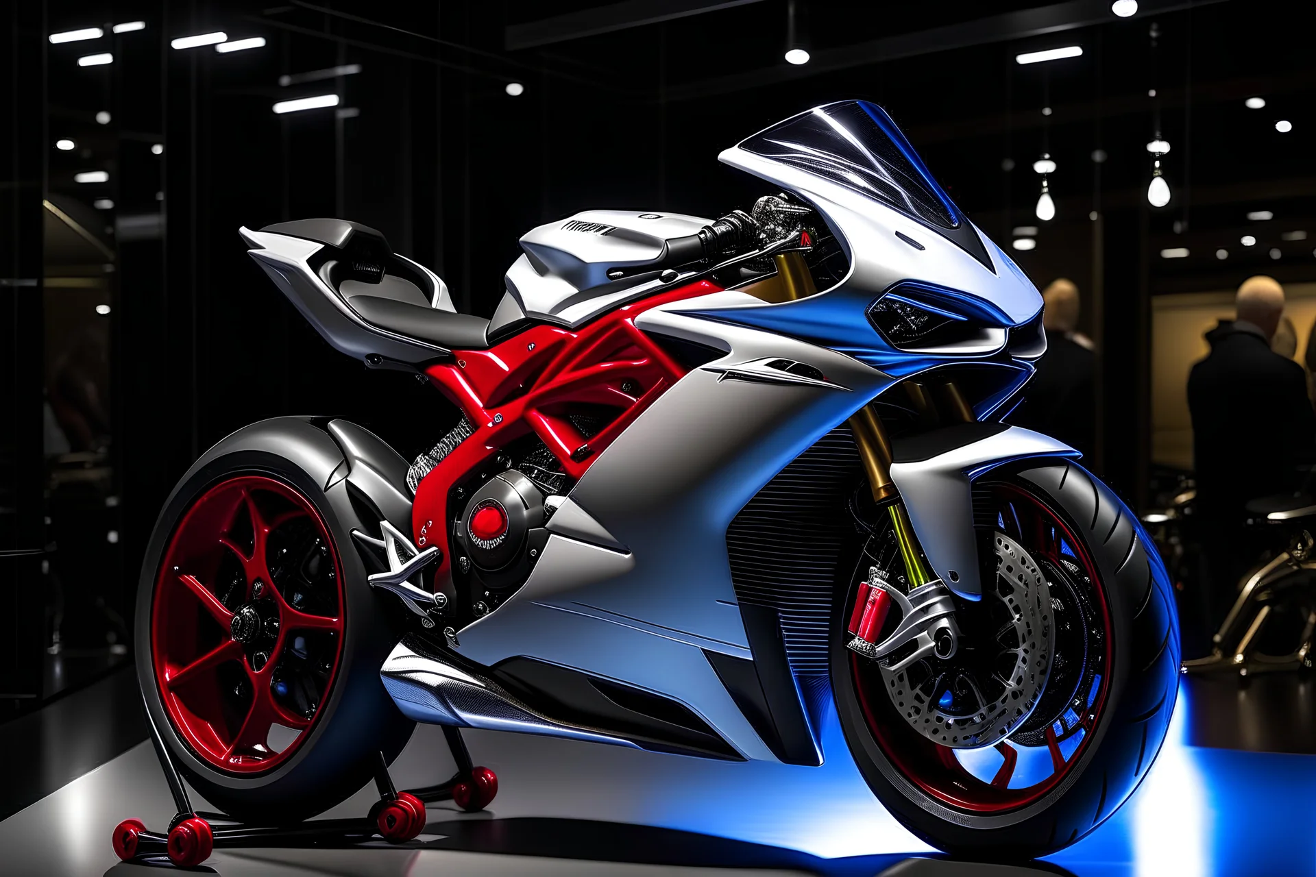 "Visualize an MV Agusta F4 RR showcased in a pristine showroom, surrounded by admiring onlookers and soft ambient lighting."