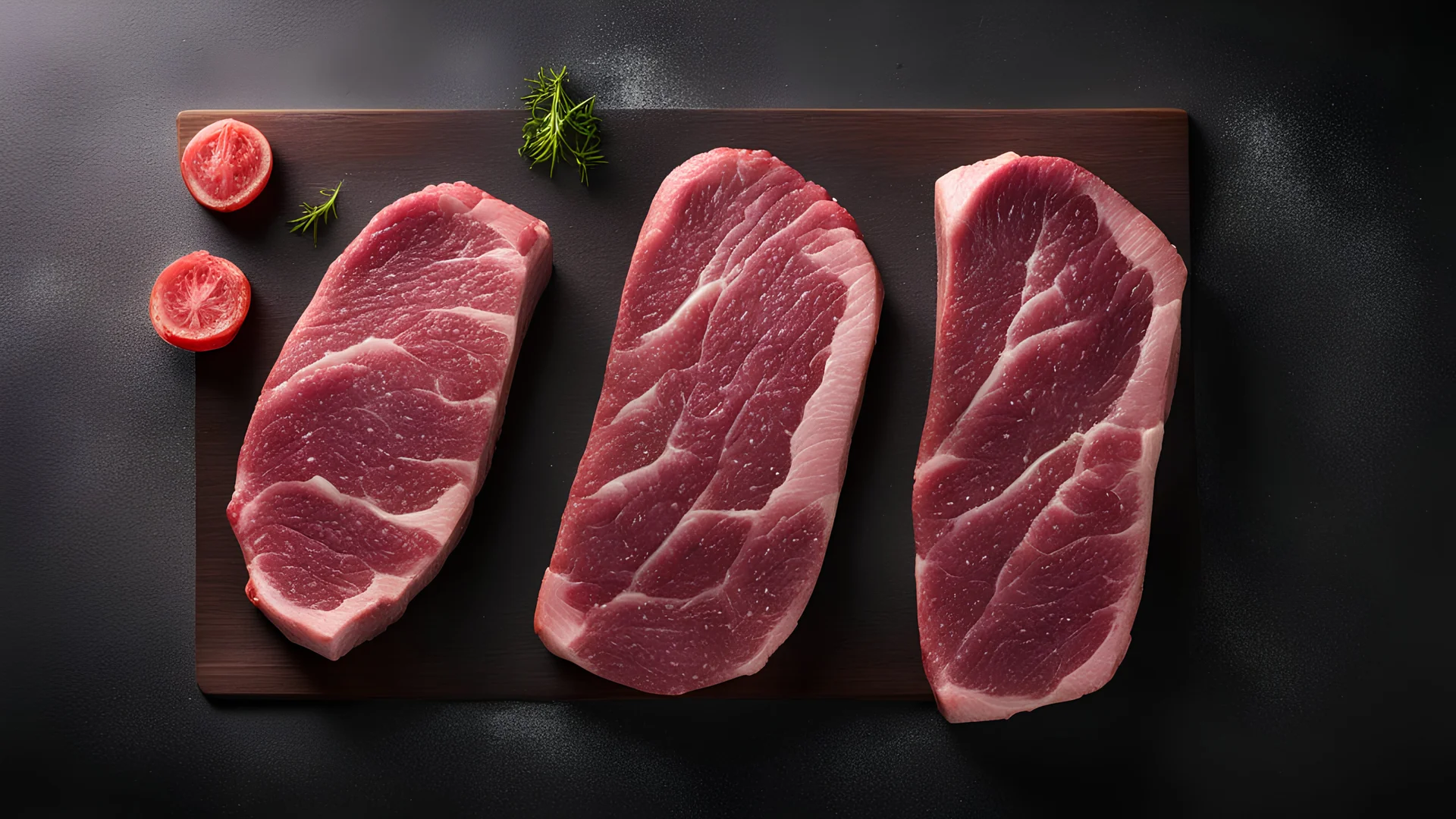 Food backgrounds: overhead view of two raw juicy beef steak fillets on a cutting board shot on black table. The composition is at the left of an horizontal frame leaving useful copy space for text and/or logo at the right. High resolution 42Mp studio digital capture taken with SONY A7rII and Zeiss Batis 40mm F2.0 CF lens