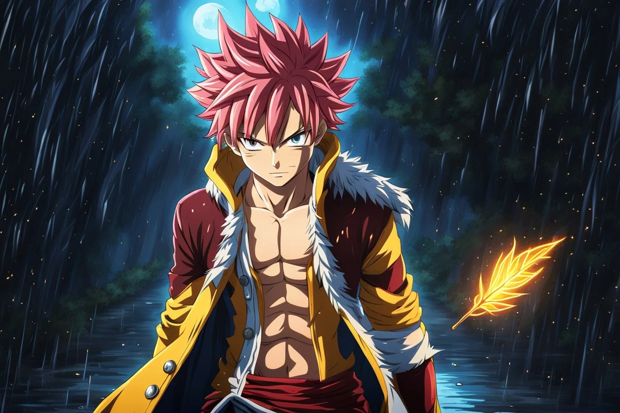 Natsu in 8k 2D anime fairy tail drawing style, fairy tail costum, close picture, rain, fantasy, neon, highly detailed, high details, detailed portrait, masterpiece,ultra detailed, ultra quality