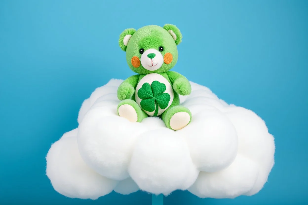 overstuffed white plushie stuffed toy clouds, a vintage good-luck-bear(care bear, Green) plush with tummy symbol(4 leaf clover) sitting on top of the cloud, blue background