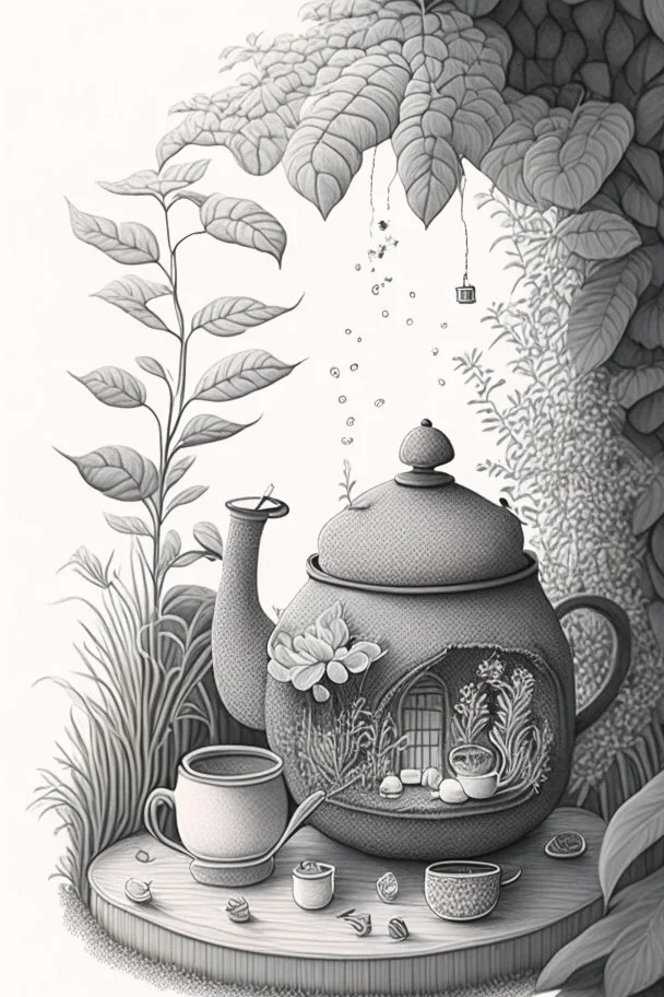 Cozy vibes drawing art tea pot, garden inside tea pot