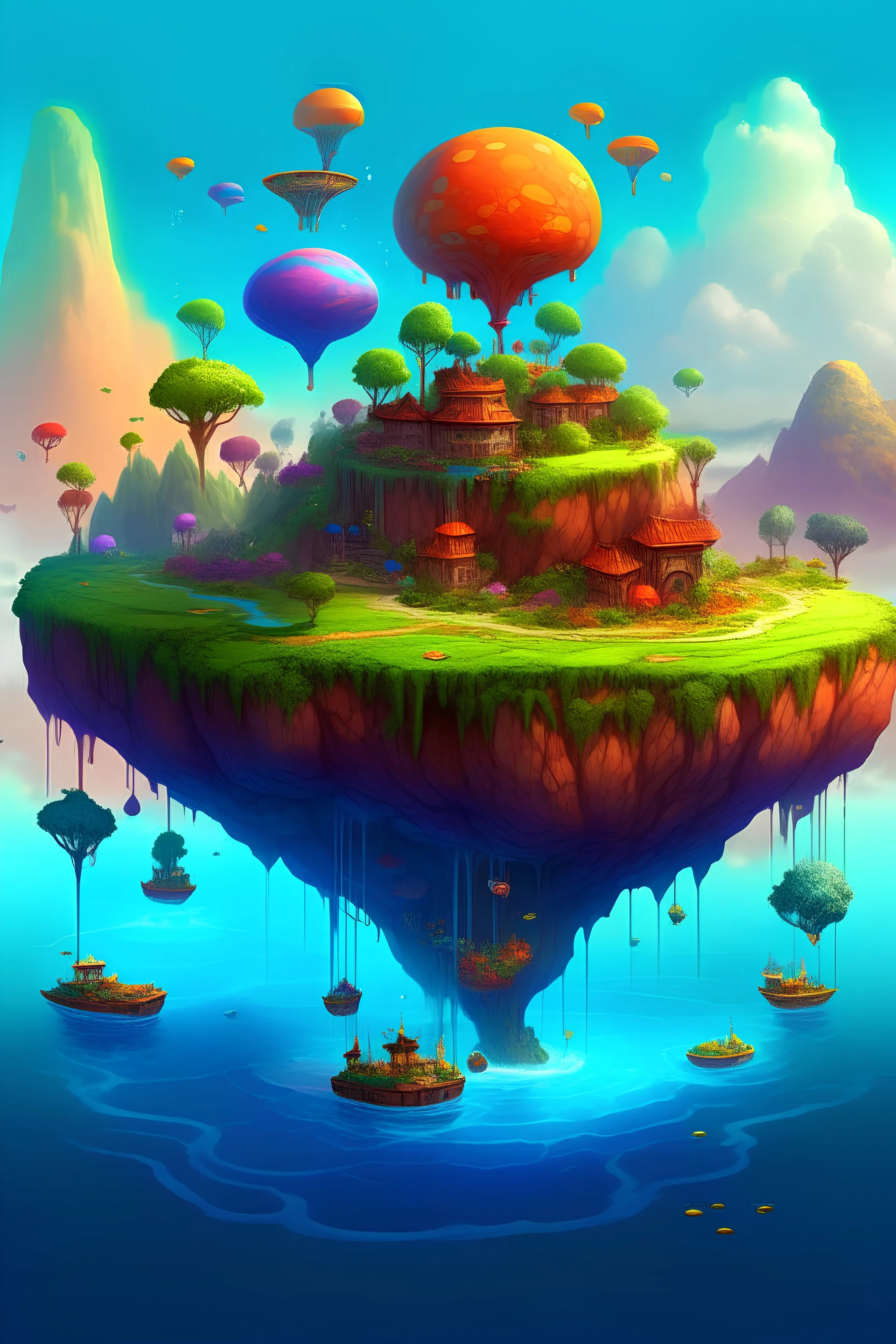 Create a fantastical world with floating islands, colorful skies, and unusual flora and fauna. Imagine how the rules of physics or biology might be different and express that visually.