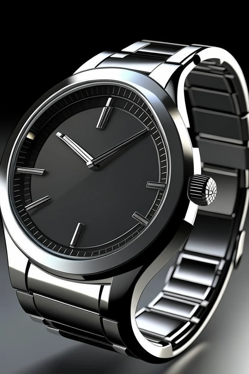 Create a realistic image of a modern stainless steel wristwatch with a minimalist design, showcasing the watch face and strap details in sharp focus."