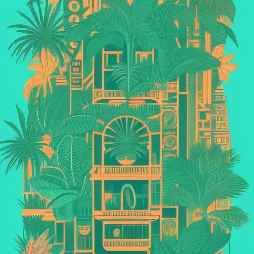 tropical city, latino, plants, streets, risograph poster, flat design, 2 colors