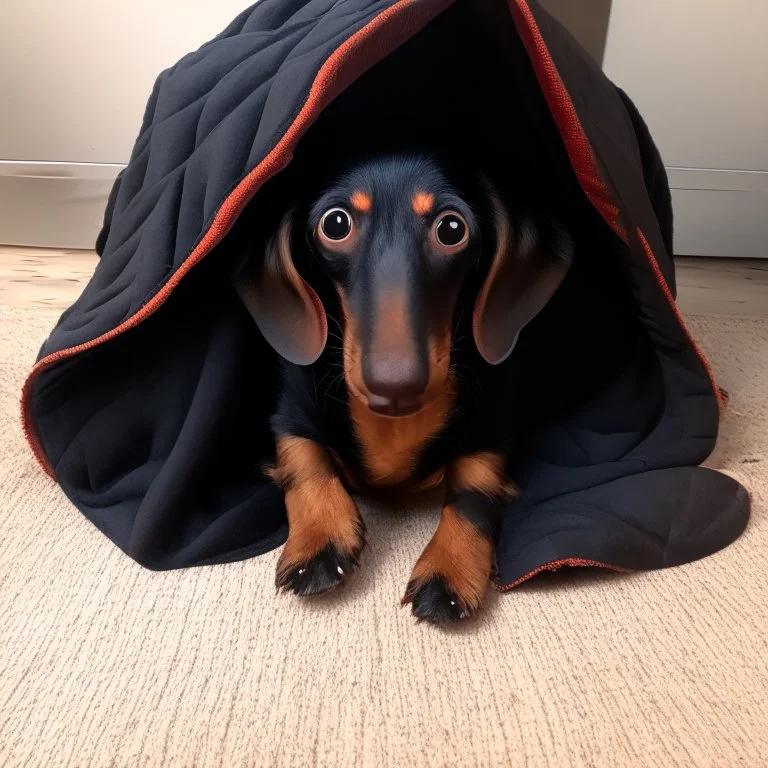 Make a disney style picture for my puppy with a blanket on her head. realistic disney setting, black and tan dachshund