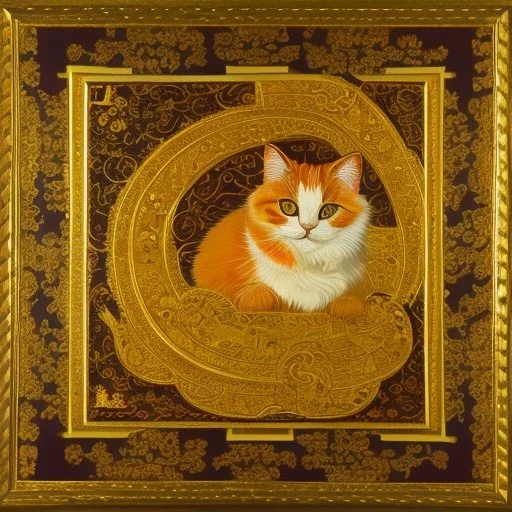 a painting of a calico cat curled up, a minimalist painting, by Miao Fu, gold and black color scheme, strong brush stroke, the cat is walking, h 1 0 2 4, lei min, unknown artist, artwork, kuang hong