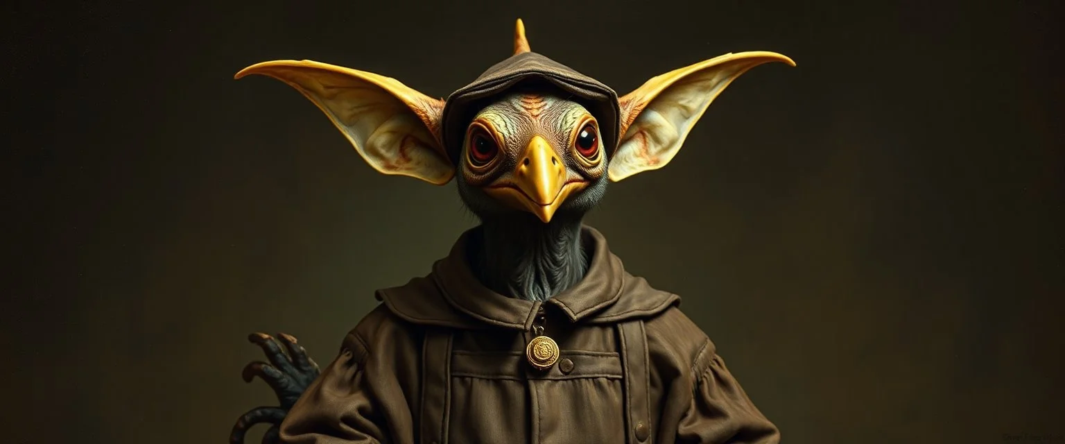 amish space alien gremlin hen dressed in amish outfit, painted by Rembrandt, Escher and Giger
