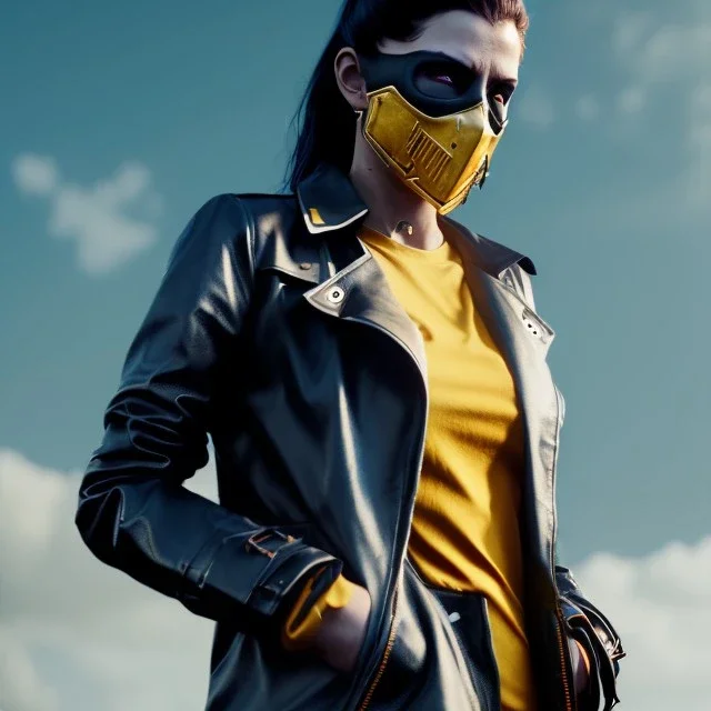 A badass Sofia Buttela wearing a scream mask, atmospheric, realistic, yellow leather trench coat, unreal engine, cinematic lighting, octane render.