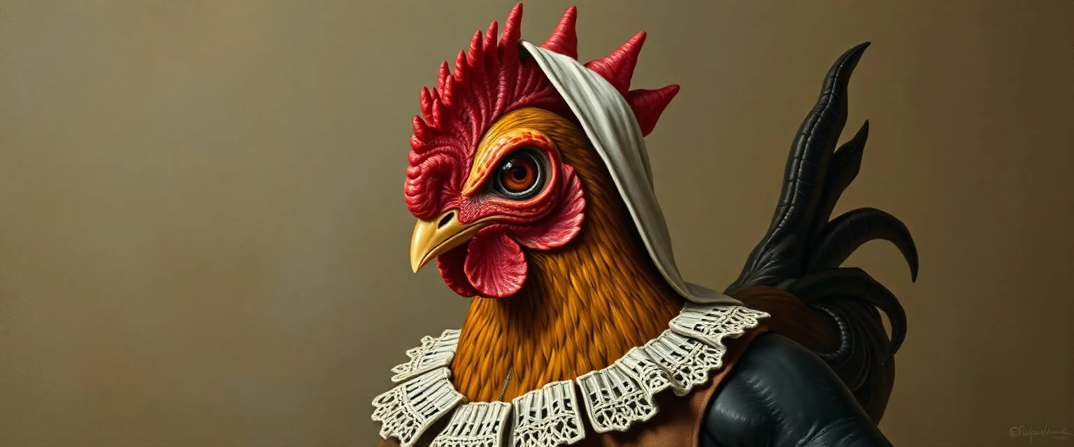 amish space alien hen dressed in amish outfit, painted by Rembrandt, Escher and Giger