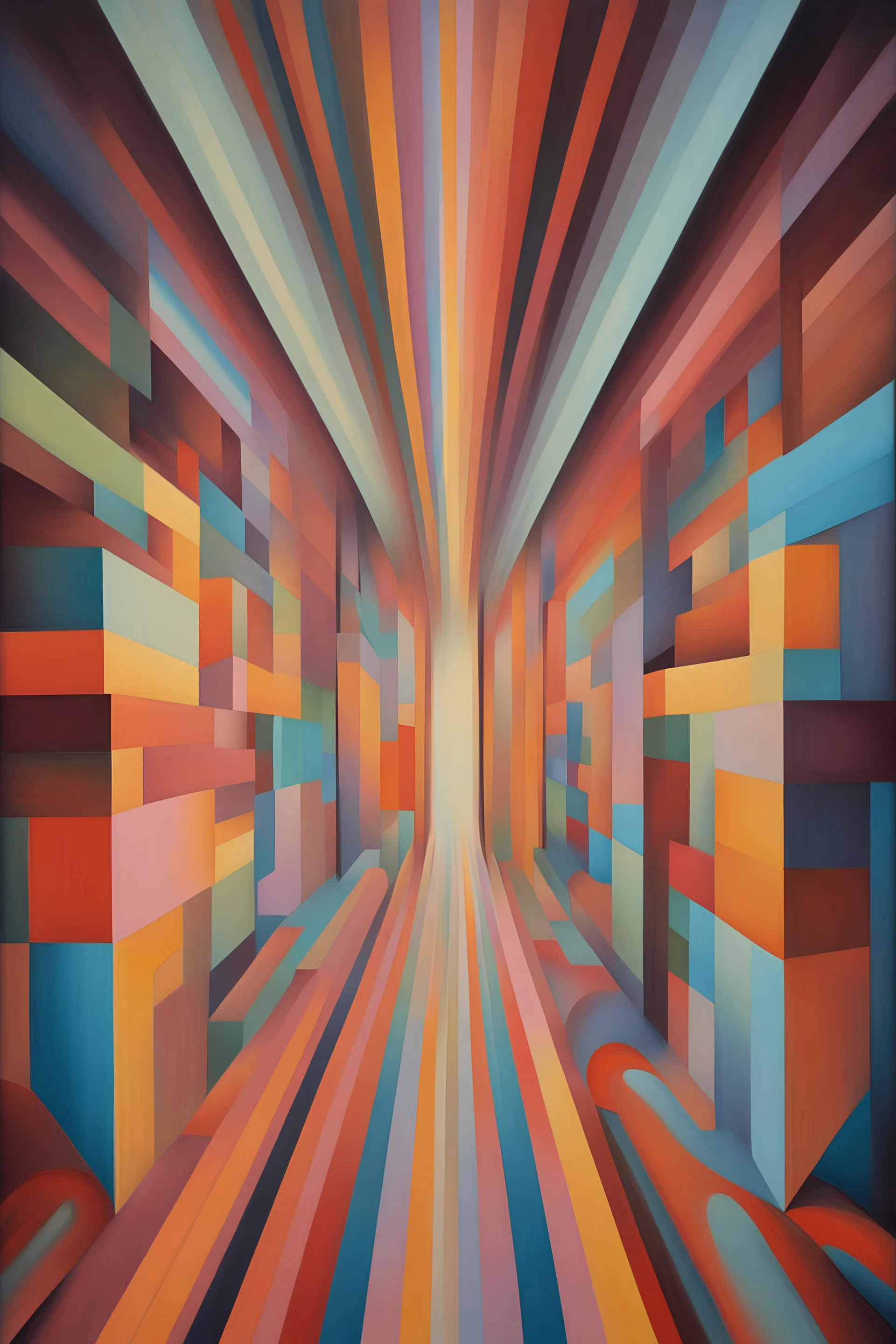 an abstract painting of a colorful abstract painting, in the style of 3D geometric optical illusions, passage, dreamlike perspectives