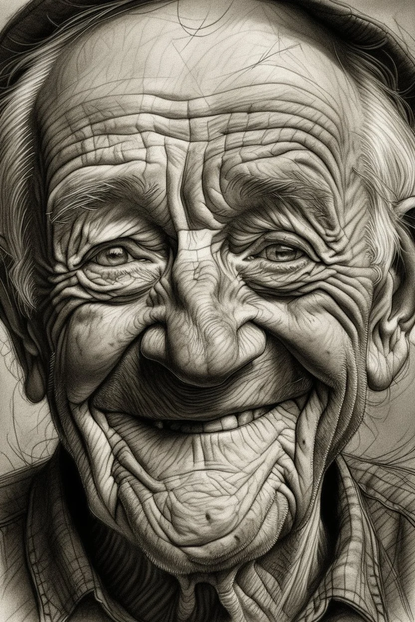 drawing, portrait, old, old, wrinkles, features, smiling, white, lead, charcoal,drawing with pencil