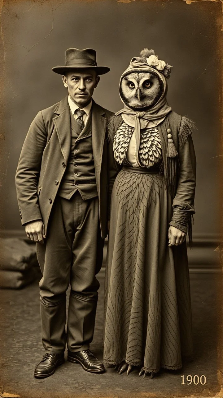 An old picture style of white and brown and very bad quality with cracks of a couple human from the year 1900 standing with a strange half owl half human creature