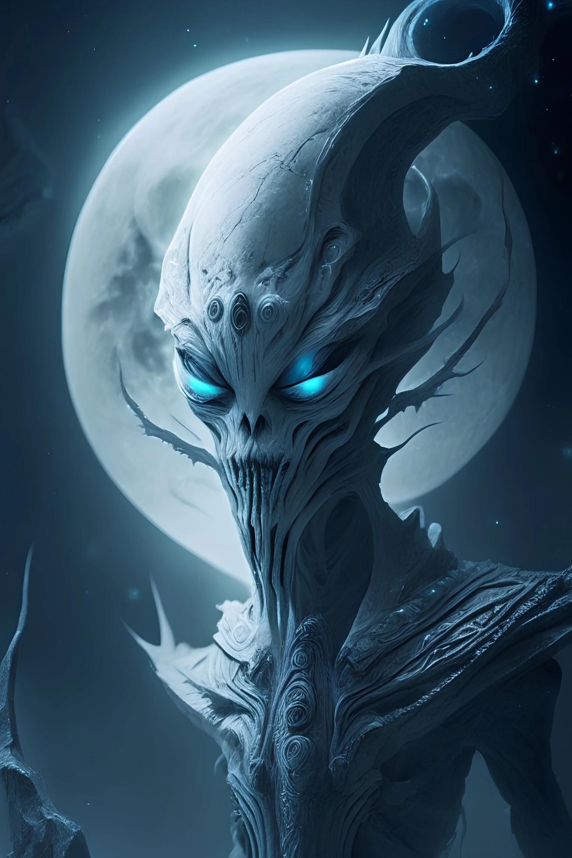 Moon ancient ghost alien,highly detailed, artstation, sharp focus