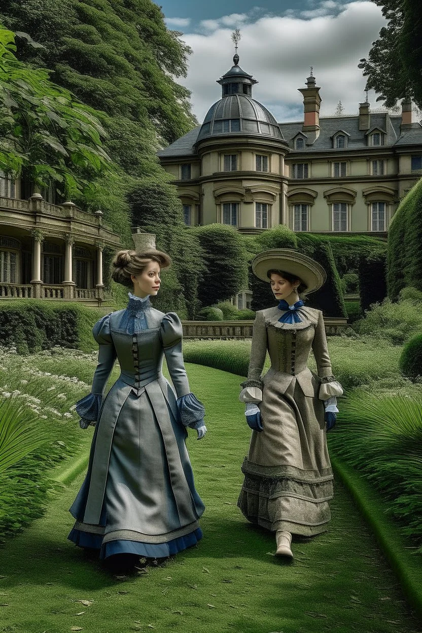 Two English ladies dressed in Victorian-era clothes are strolling through the garden of a luxurious mansion