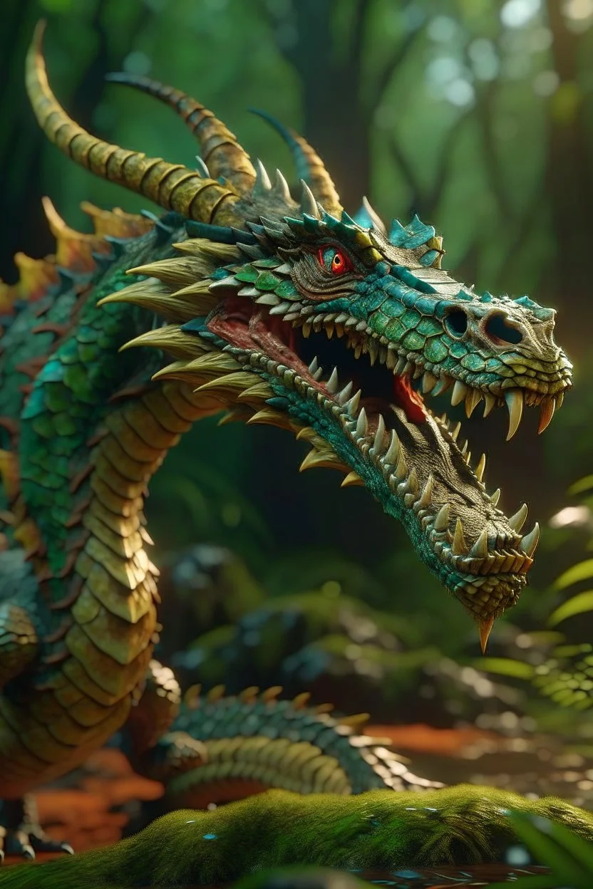 terrifying dragon with snake head in deep swampy jungle, in the style of fantasy movies, photorealistic, shot on Hasselblad h6d-400c, zeiss prime lens, bokeh like f/0.8, tilt-shift lens 8k, high detail, smooth render, unreal engine 5, cinema 4d, HDR, dust effect, vivid colors