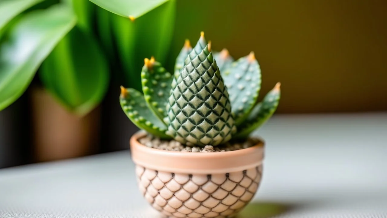 cute mini Haworthia cymbiformis plant in a pot, light pastel background, depth of field f2.8 3.5, 50mm lens