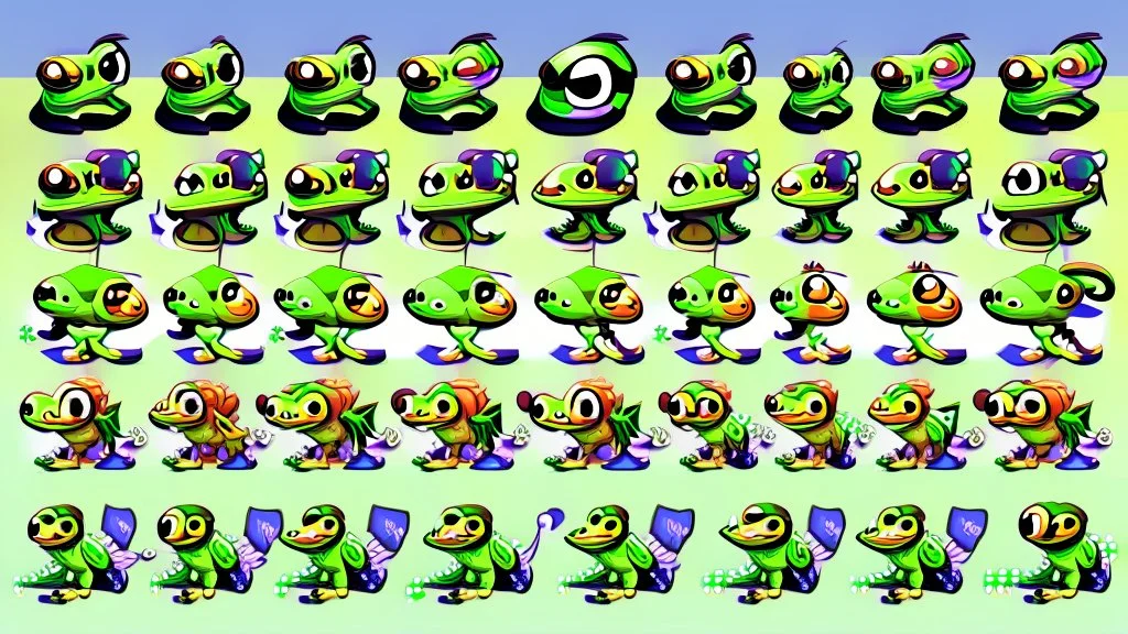 game sprite sheet of 30 images of stylized frog, view from six different angles covering 360°, collection sheet, arcade game, digital art