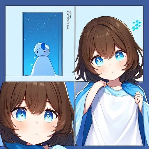 Clear focus, High resolution, A anime kid, cute, rough line skecth, star around kid, sparkling eyes, medium fluffy brown hair, blue sparkling eyes, 1girl (solo), wearing a blue snow cloak and a white shirt, comic with 1girl (solo), winter background, lots of dialoge