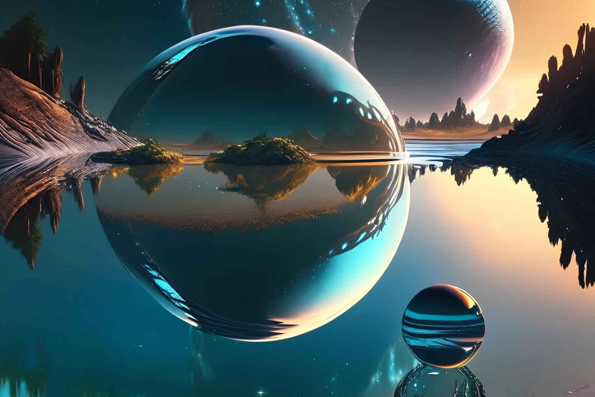 exoplanet, stream, water reflection, people, sci-fi.