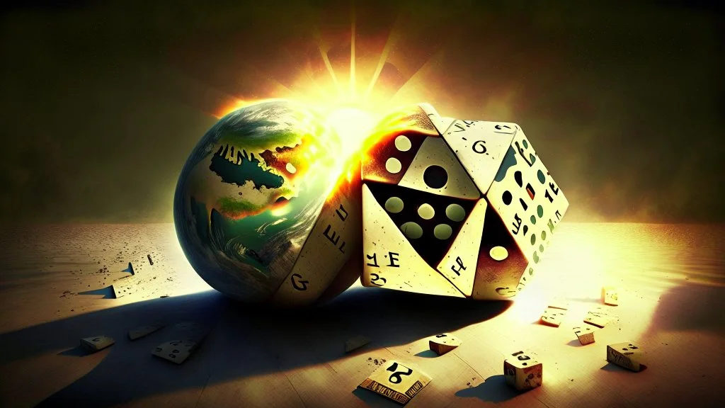 a Sun, dice a domino, halved earth